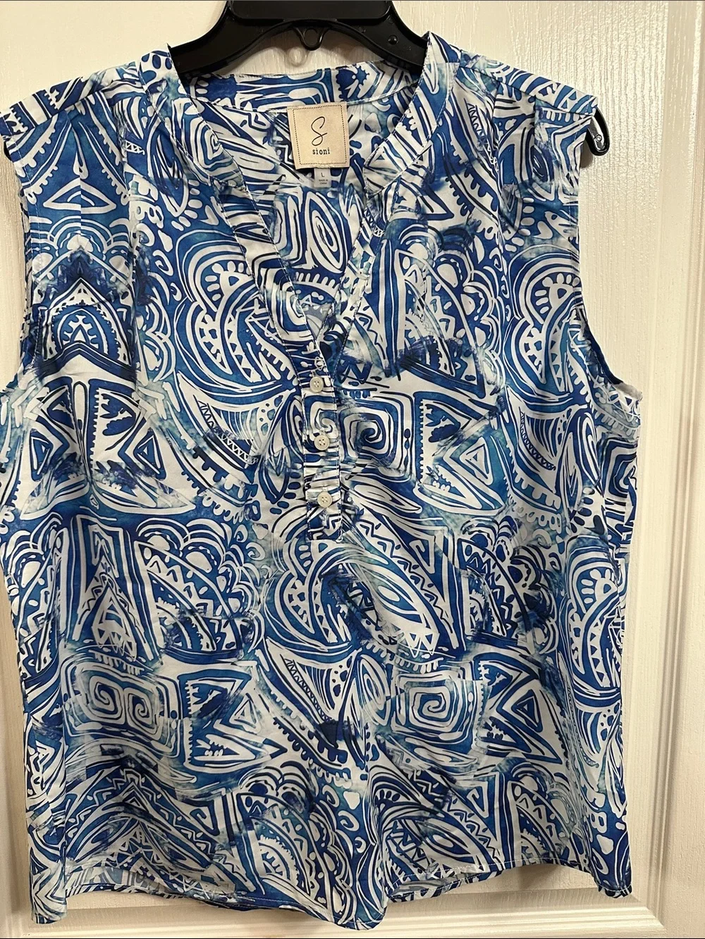 Sigrid Olsen Blue & White Ruffled V-Neck Sleeveless Camisole